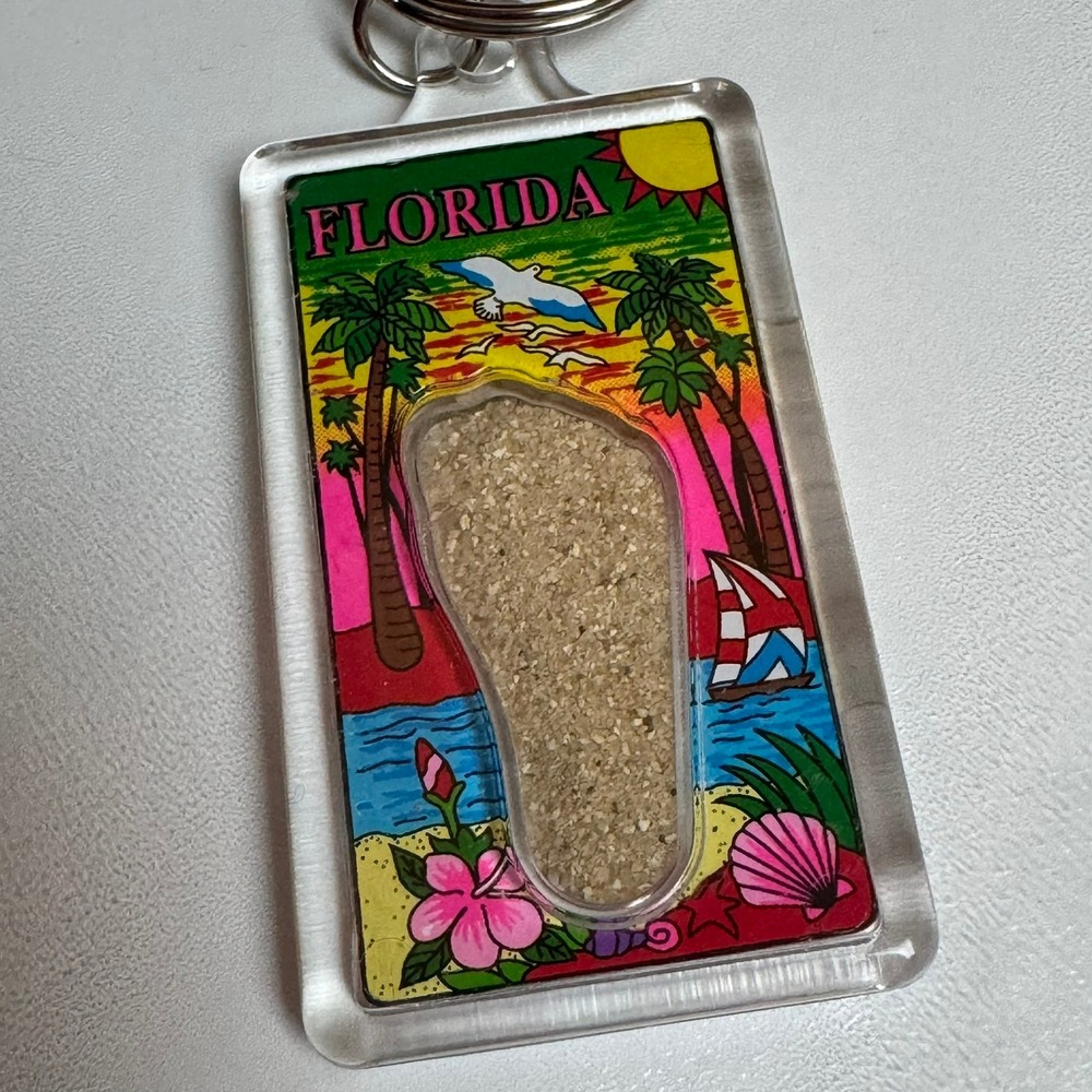 Florida Souvenir Footprint Sand‎ Keychain Tropical Beach Palm Tree Seashell